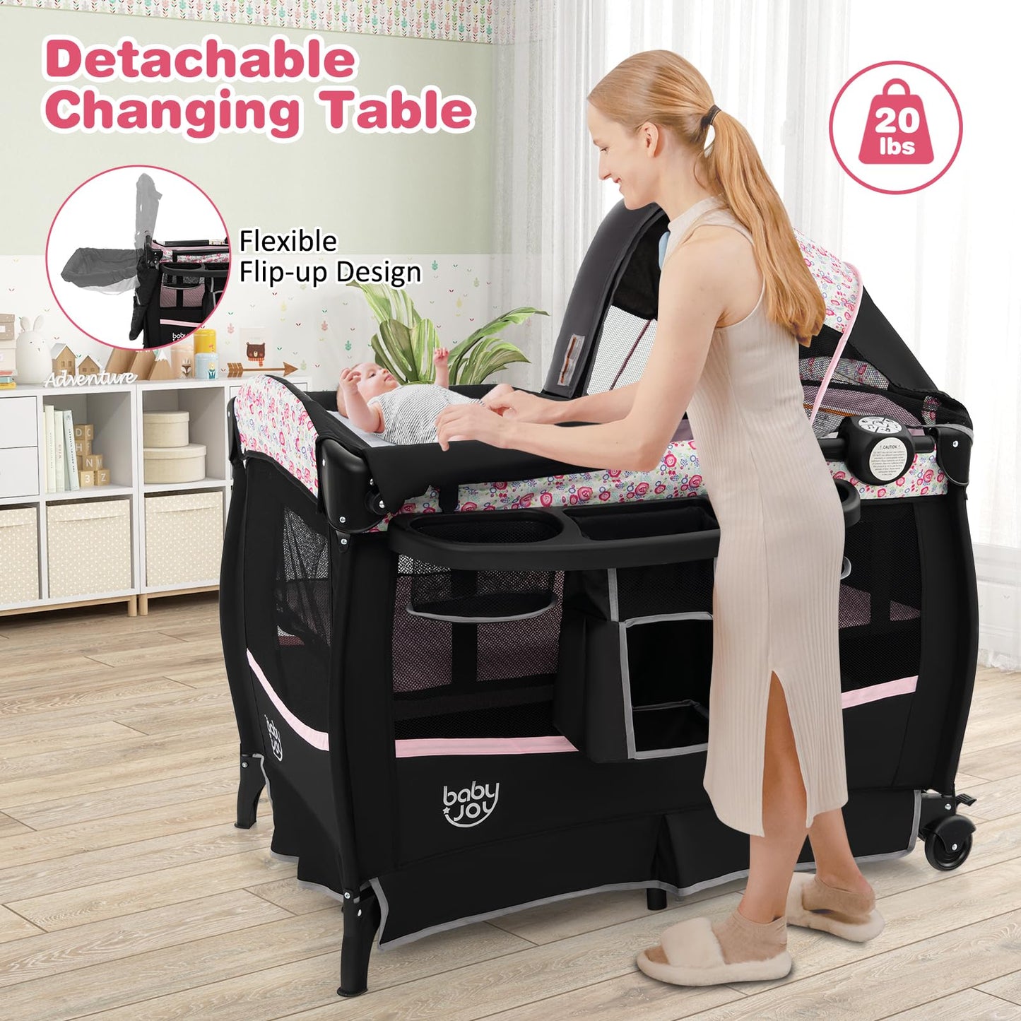 BABY JOY 4 in 1 Pack and Play, Portable Baby Playard with Bassinet & Flip-Away Changing Table, Canopy, Portable Bedside Crib with Storage Basket, Oxford Bag, Infant Bassinet from Newborn to Toddlers