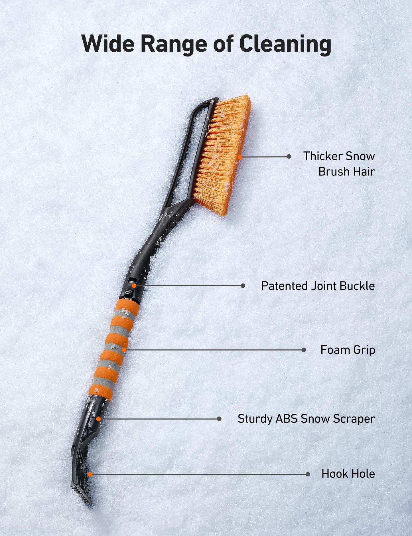 AstroAI 27" Snow Brush and Detachable Ice Scraper with Ergonomic Foam Grip for Cars, Trucks, SUVs (Heavy Duty ABS, PVC Brush, Orange)