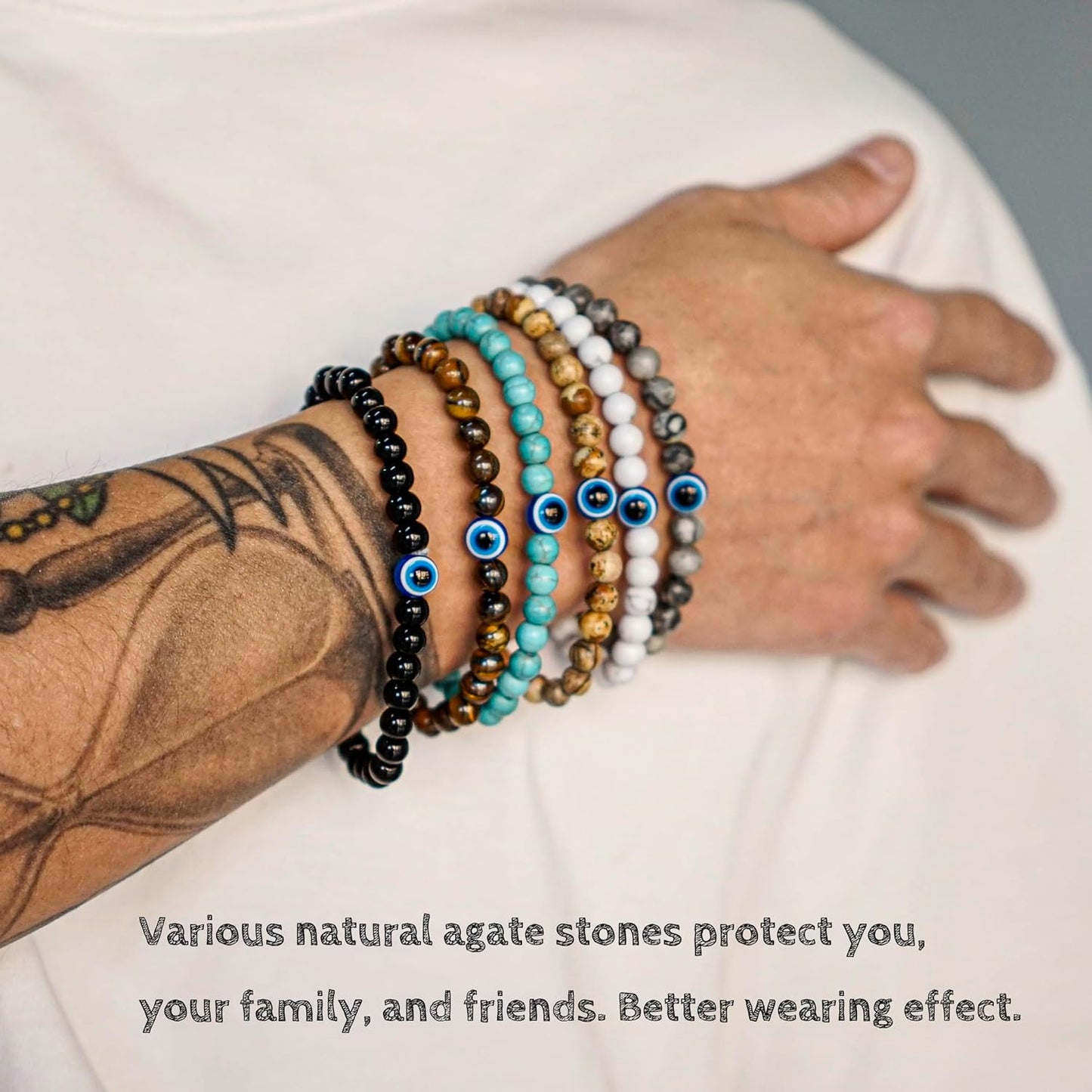 6 mm Böses Auge Armband aus schwarzen Kristallen – verstellbares Set aus Natursteinen für Herren und Damen, Schutzamulett als Geschenk für den Alltag/Geburtstag/Jahrestag