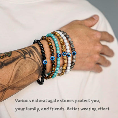 6 mm Böses Auge Armband aus schwarzen Kristallen – verstellbares Set aus Natursteinen für Herren und Damen, Schutzamulett als Geschenk für den Alltag/Geburtstag/Jahrestag