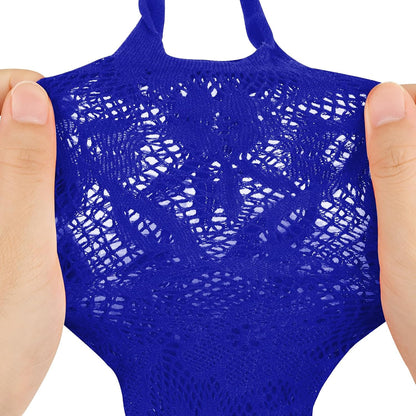 RSLOVE Damen Netz Bodystocking mit befestigten Strümpfen, sexy Dessous, offenem Schritt Body, Einteiler Babydoll, Einheitsgröße