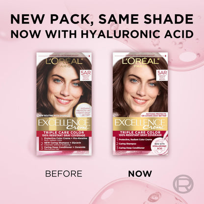 L'Oréal Paris Excellence Crème Permanente Haarfarbe, dreifache Pflegehaarfarbe mit Hyaluronsäure für 100% Grauabdeckung, 4AR Dunkles Schokobraun, 1 Packung (Verpackung kann variieren)