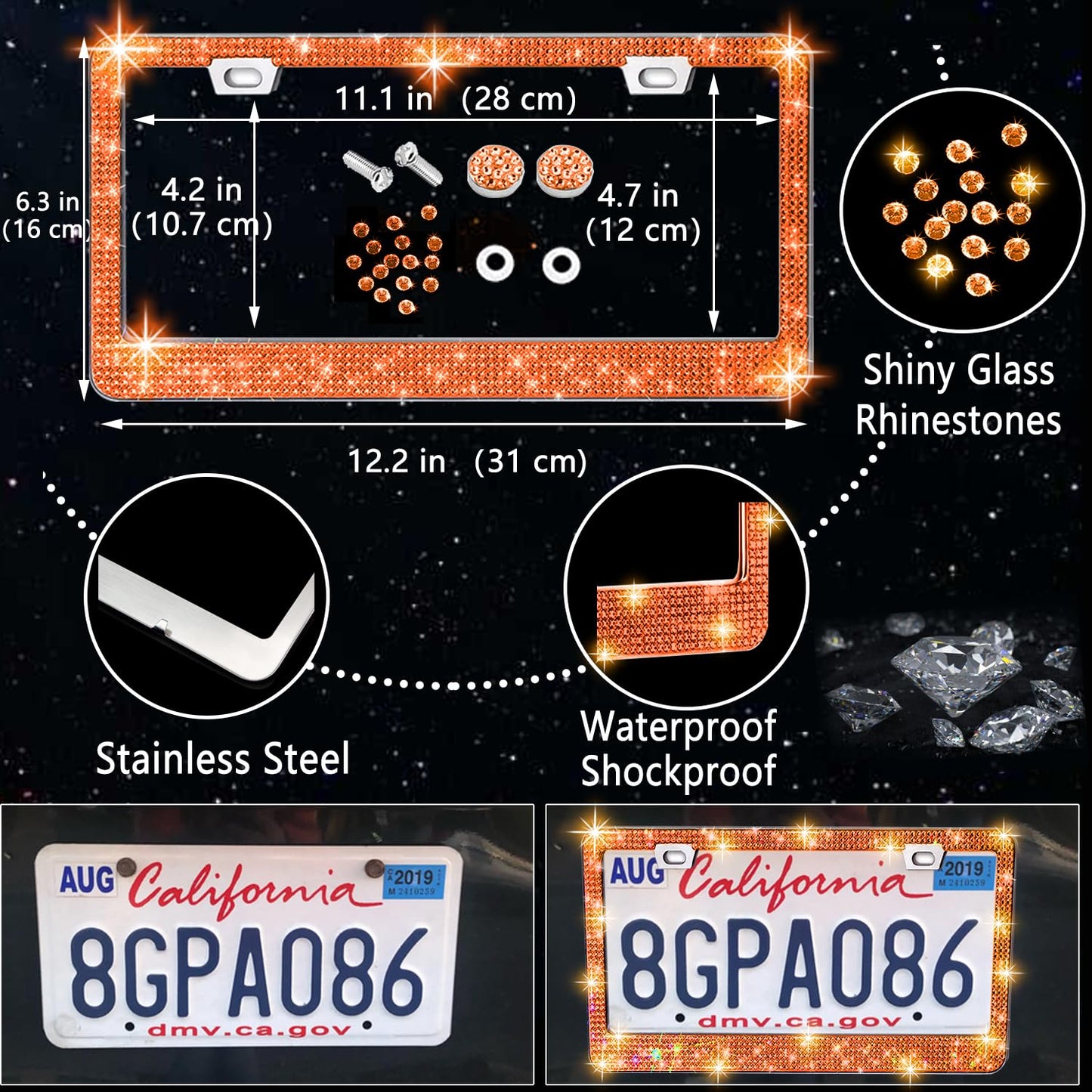 NBTEPEM 27-Piece Bling Car Accessories Set - Universal Fit Steering Wheel Covers, License Plate Frames, Phone Holder, Car Fast Charger, Coasters (Pink)