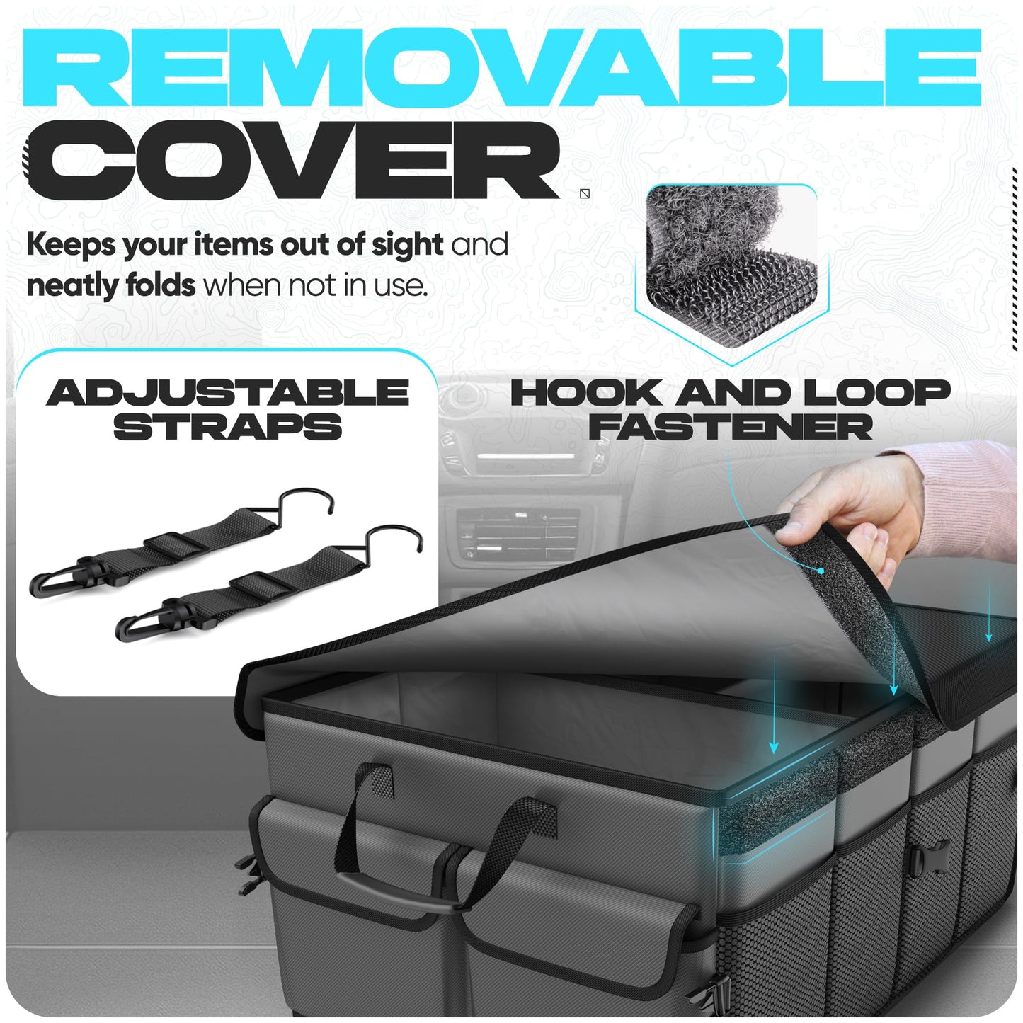 FORTEM Car Trunk Organizer, Collapsible Multi Compartment Car Organizer, Foldable SUV Storage for Car Accessories for Women Men, Non Slip Bottom, Securing Straps, Soft Cover 50L (Black, Standard)