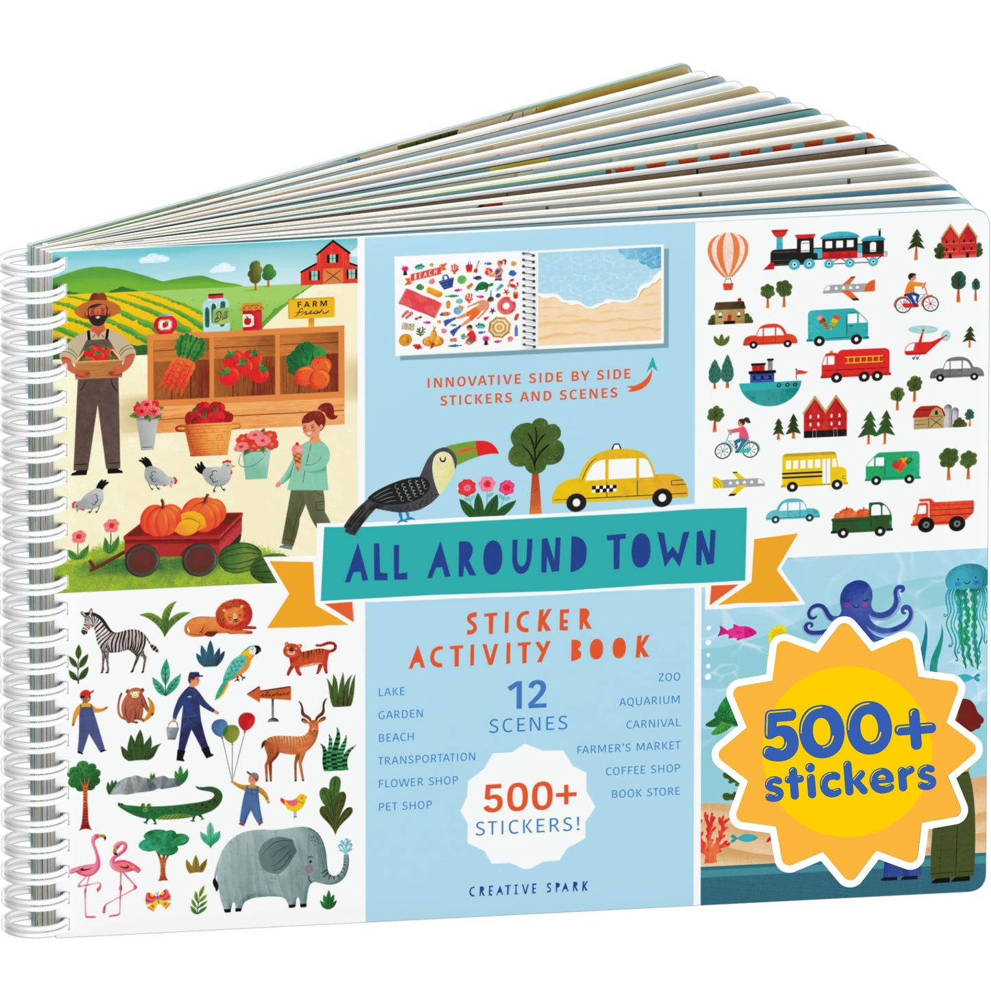 CUPKIN Animals Habitat 500+ Kids Sticker Book Toddler Airplane Travel Activity Coloring and Sticker Book, Road Trip Essentials, 12 Coloring Pages + 12 Scenes for Ages 2–8 Years