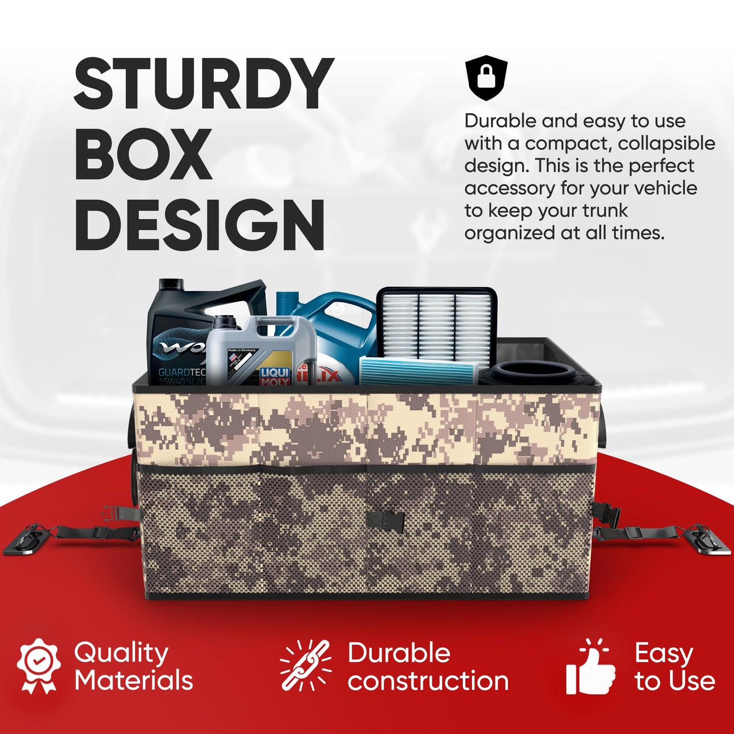 FORTEM Car Trunk Organizer, Collapsible Multi Compartment Car Organizer, Foldable SUV Storage for Car Accessories for Women Men, Non Slip Bottom, Securing Straps, Soft Cover 50L (Black, Standard)