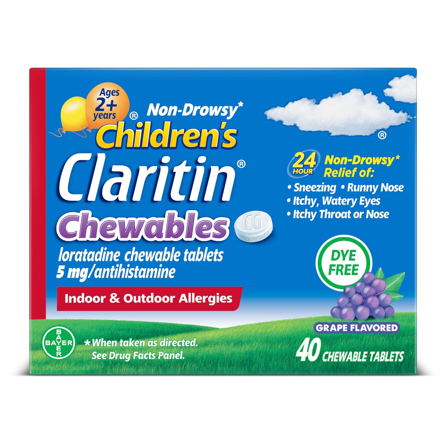 Claritin Children's Allergy Medicine, 24-Hour Non-Drowsy Loratadine 5mg Chewable Tablet, Antihistamine for Kids Ages 2 Years and Older, Grape Flavored, 40 Tablets, (Pack of 2)
