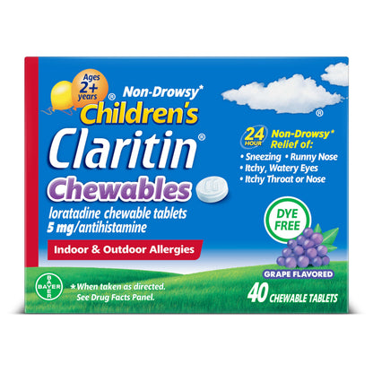 Claritin Children's Allergy Medicine, 24-Hour Non-Drowsy Loratadine 5mg Chewable Tablet, Antihistamine for Kids Ages 2 Years and Older, Grape Flavored, 40 Tablets, (Pack of 2)