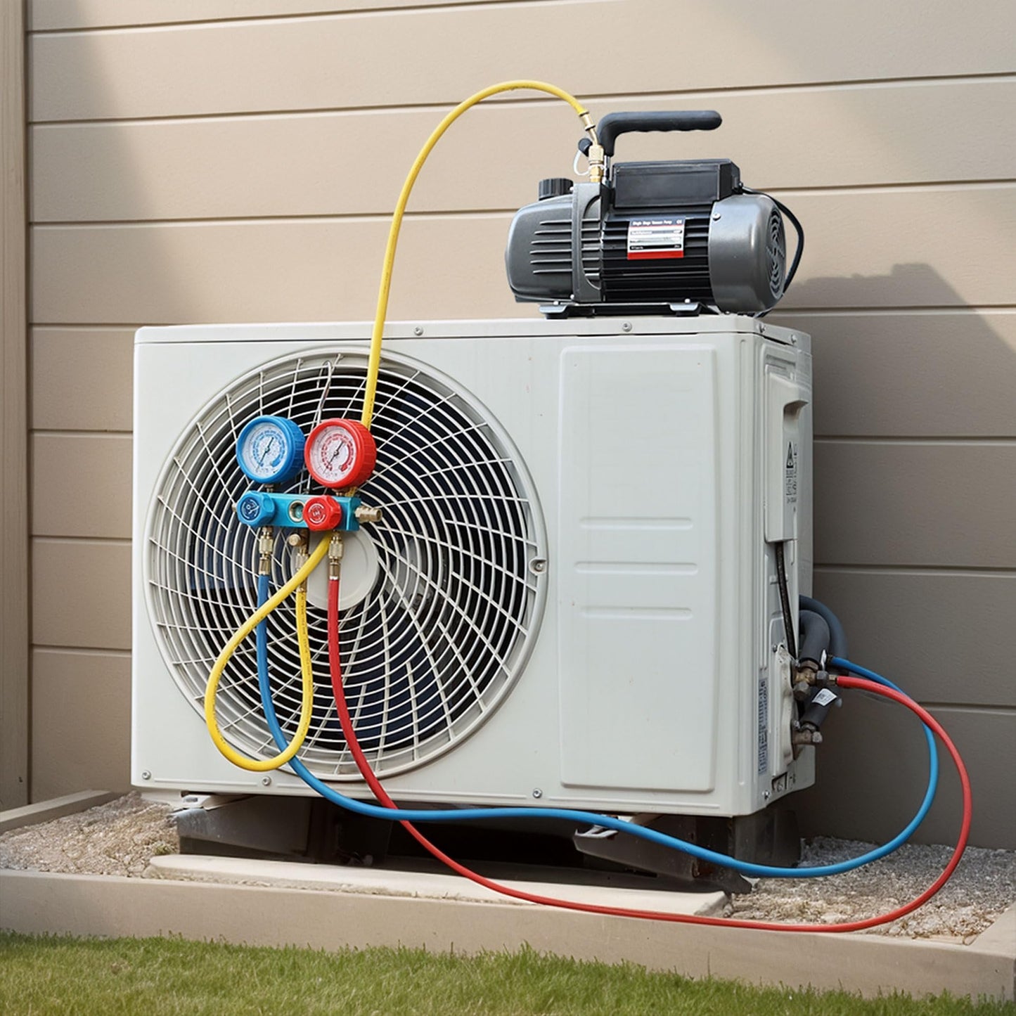 XtremepowerUS 3CFM 1/4HP Vacuum Pump HVAC R134a, R12, R22, R410a, A/C Refrigeration R134 Can Tap Adapter, R134 Quick Connector AC Manifold Gauge Air Conditioner Oil Bottle w/Bag