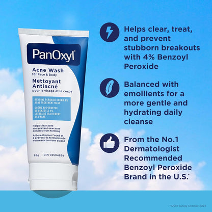 PanOxyl 4% Benzoylperoxid Akne-Waschgel, Hilft Akne zu lindern und vorzubeugen, Tägliches antibakterielles Waschgel, Sanft, pH-neutral, 85g