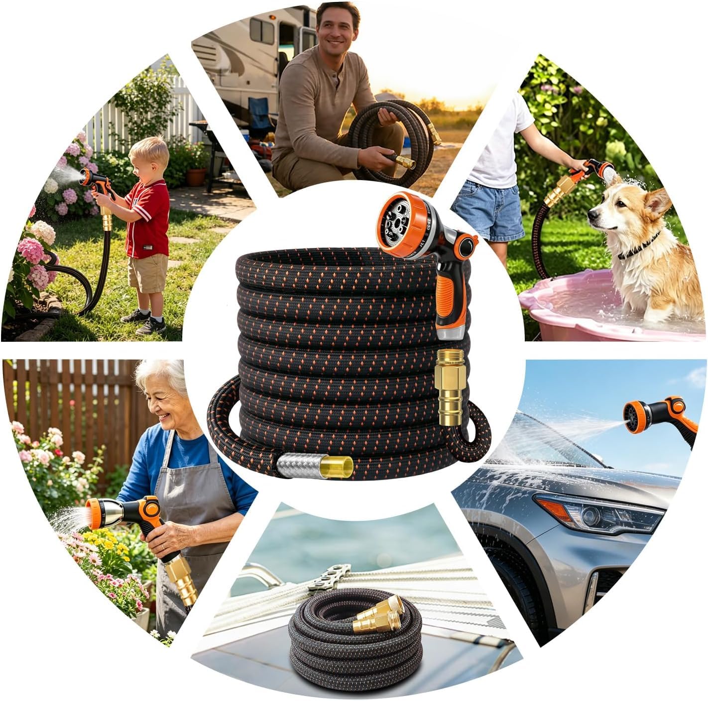 50FT Flexible Garden Hose & 10Modes Nozzle,None Expanding Lightweight Water Hose,Kink-Free,All-Weather 3/4 in. Hose for RV,Boat,Car Wash,Garden,Yard,Camper,Outdoor (Orange-Black, 50 Feet)