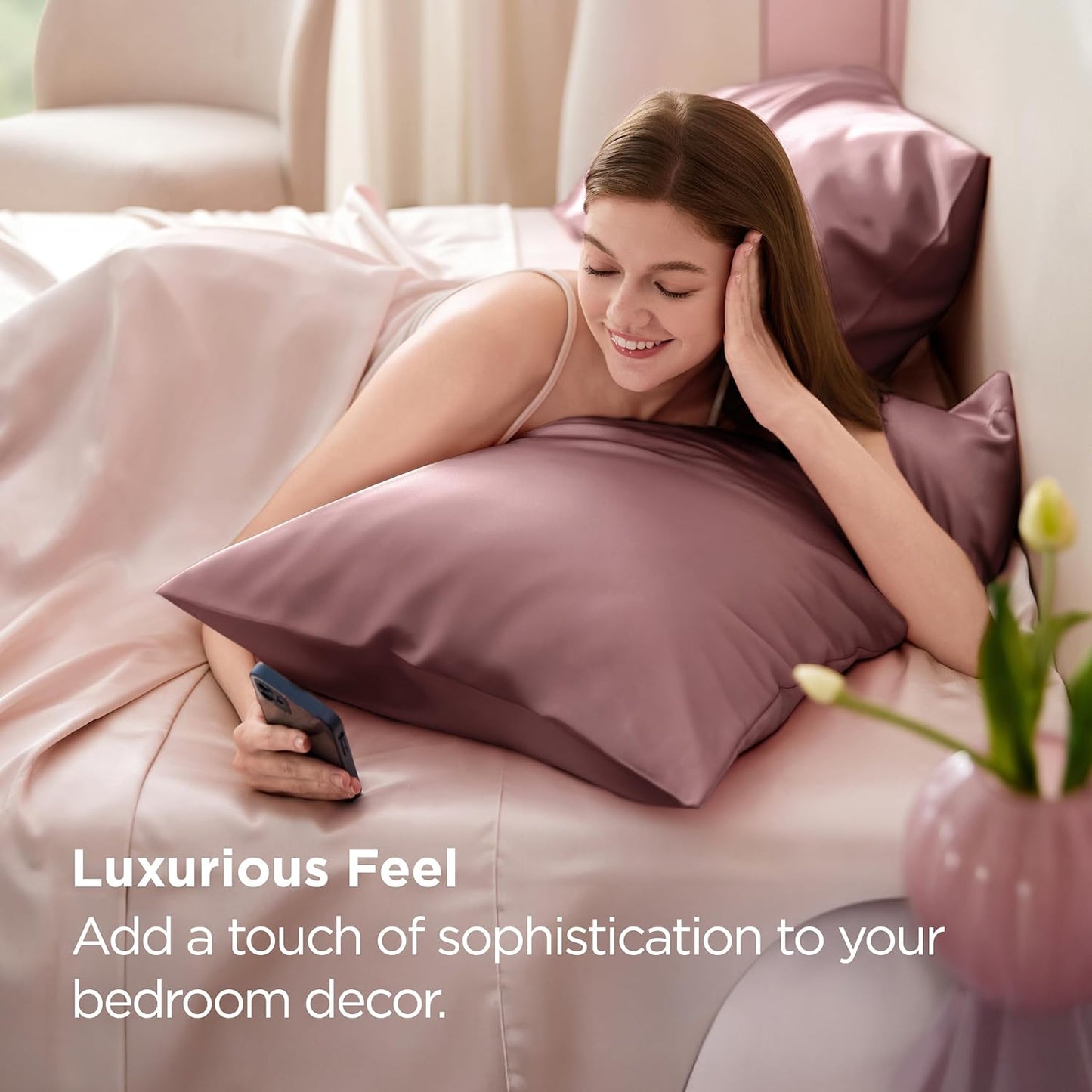 Bedsure Satin-Kissenbezug, Queen-Size, 2er-Pack, Seidenkissenbezügen ähnlich, seidige Kissenhüllen mit Hotelverschluss, Raumdeko, Valentinsgeschenke für Frauen und Männer, Grau, 50x75 cm