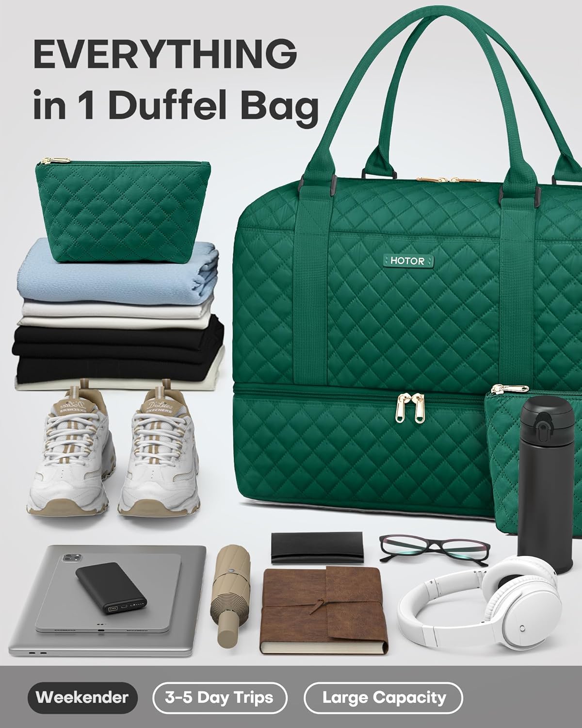 HOTOR Reisetasche - Große Weekender-Tasche für Frauen, Handgepäck mit Schuhfach, Übernachtungstasche mit Kulturtasche für Reiseutensilien und Reisezubehör, Schwarz, 34,0 x 45,0 x 20,0 cm