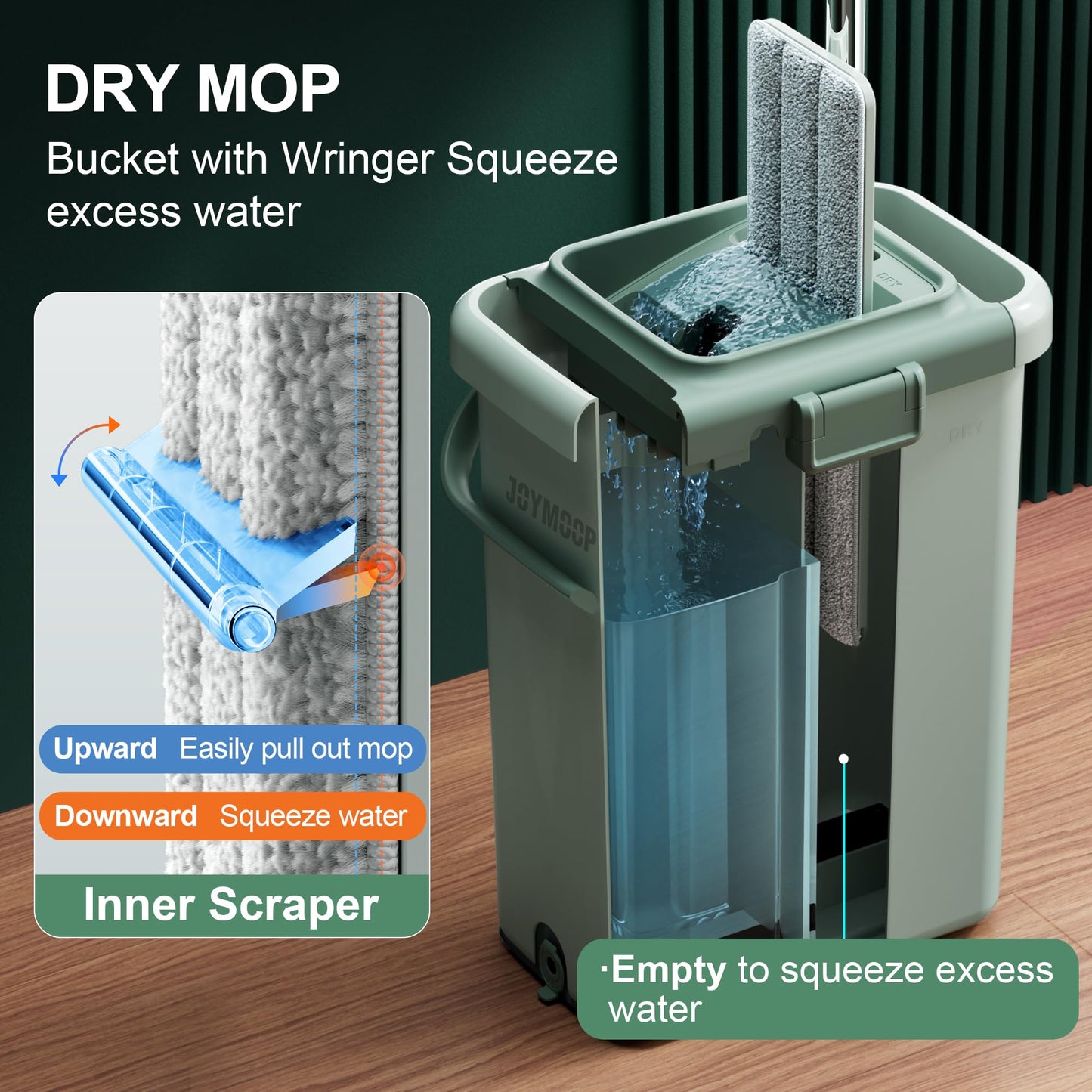 JOYMOOP Wischmopp und Eimer mit Auswringsystem, Freihand-Flachmopp und Eimer, mit 3 waschbaren Mikrofaserpads, Nass- und Trockengebrauch, Bodenreinigungssystem