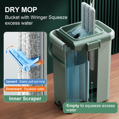 JOYMOOP Wischmopp und Eimer mit Auswringsystem, Freihand-Flachmopp und Eimer, mit 3 waschbaren Mikrofaserpads, Nass- und Trockengebrauch, Bodenreinigungssystem