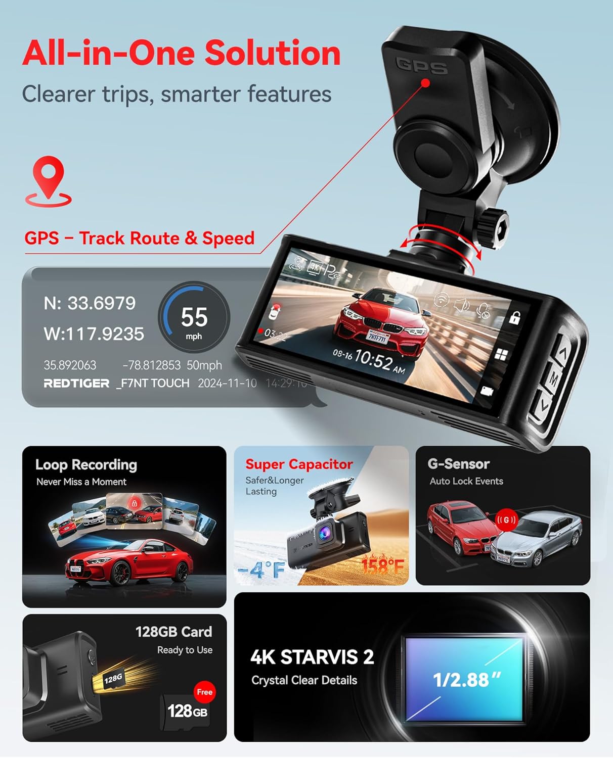 REDTIGER 4K Dashcam vorne und hinten, STARVIS 2 Sensor, Touchscreen 3,18", Sprachsteuerung, 20 MB/s 5,8 GHz WiFi 6 Auto-Dashcam mit 128 GB Karte, GPS, Nachtsicht, Notfall-Sperre, Parkmodus (F7N Touch)