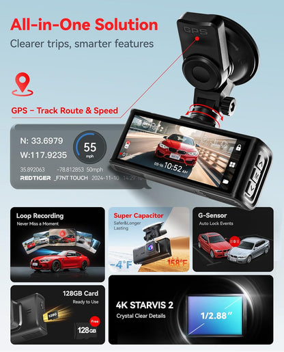 REDTIGER 4K Dashcam vorne und hinten, STARVIS 2 Sensor, Touchscreen 3,18", Sprachsteuerung, 20 MB/s 5,8 GHz WiFi 6 Auto-Dashcam mit 128 GB Karte, GPS, Nachtsicht, Notfall-Sperre, Parkmodus (F7N Touch)
