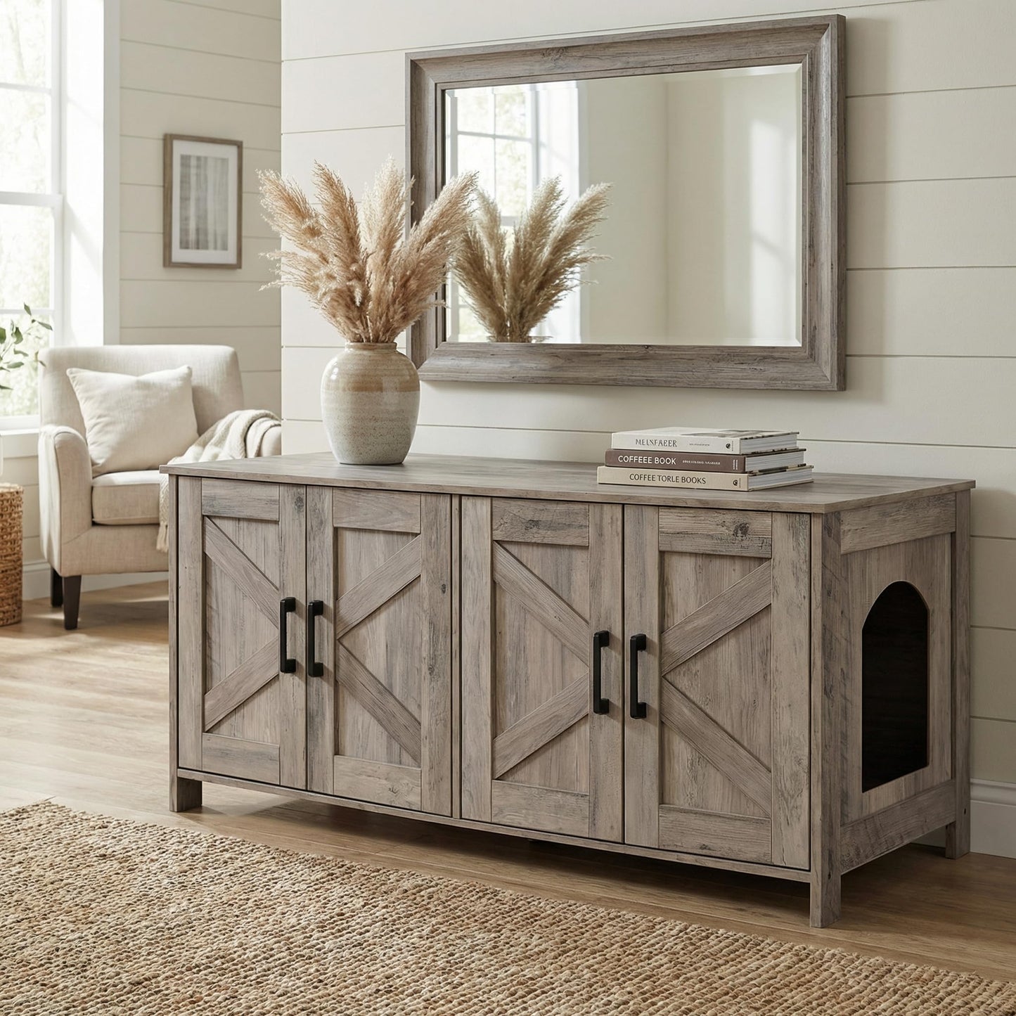 Homhedy Cat Litter Box Enclosure, Wooden Cat Washroom Furniture with Barn Door, Pet House, Fit Most of Litter Box, White