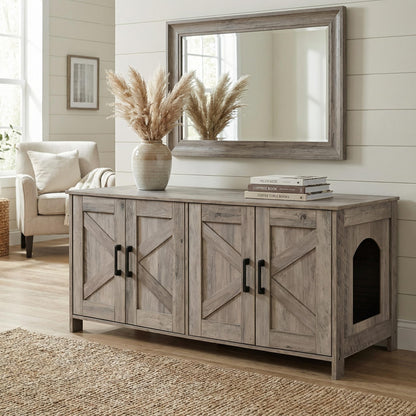 Homhedy Cat Litter Box Enclosure, Wooden Cat Washroom Furniture with Barn Door, Pet House, Fit Most of Litter Box, White