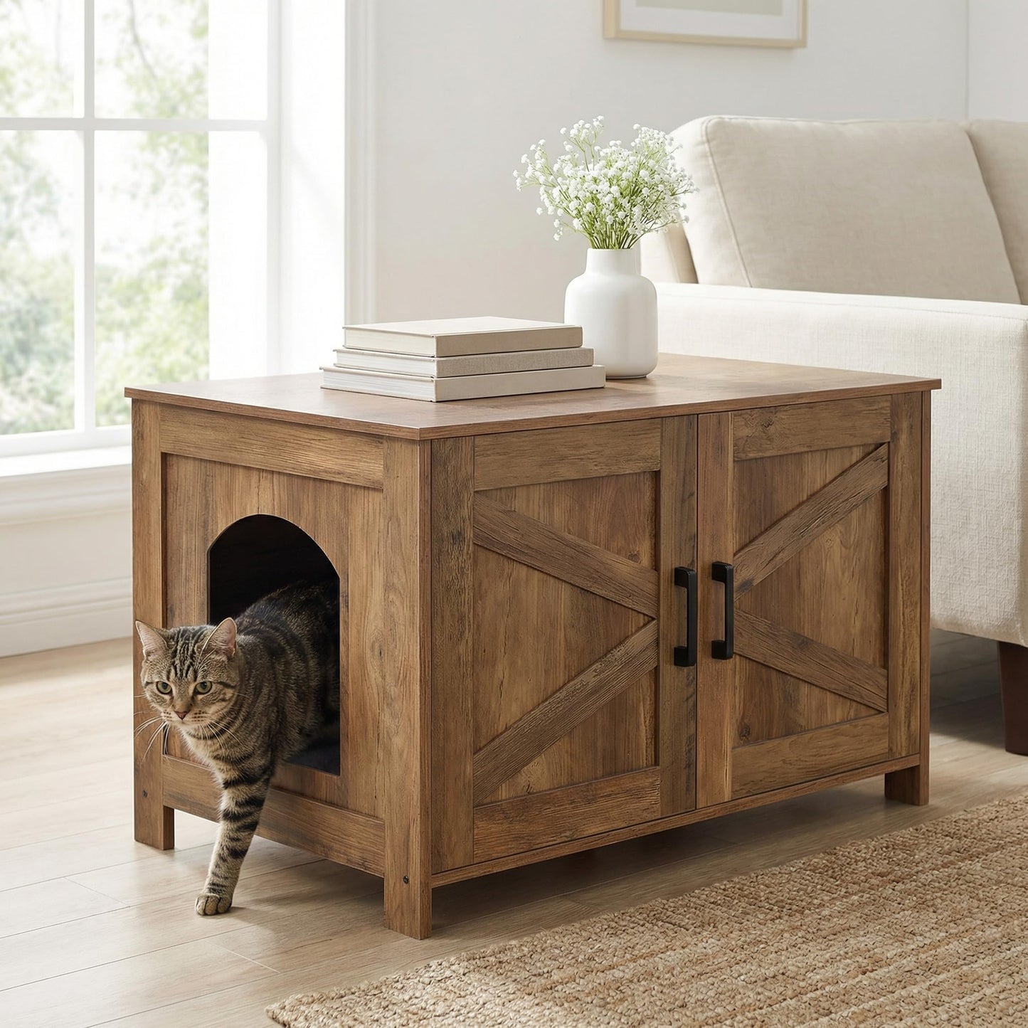 Homhedy Cat Litter Box Enclosure, Wooden Cat Washroom Furniture with Barn Door, Pet House, Fit Most of Litter Box, White
