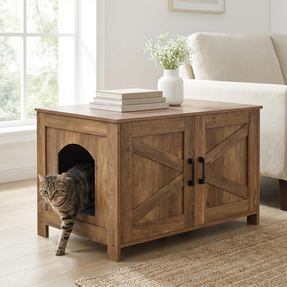 Homhedy Cat Litter Box Enclosure, Wooden Cat Washroom Furniture with Barn Door, Pet House, Fit Most of Litter Box, White