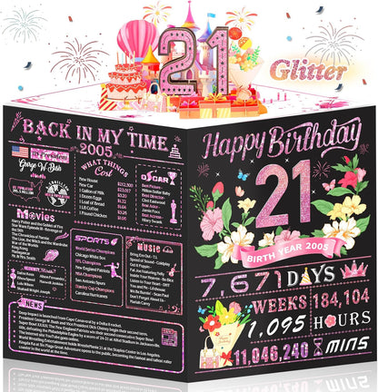 21st Birthday Card,3D Pop Up Funny 21st Birthday Decorations for Girls Granddaughter Sister,Happy 21 Year Old Birthday Gift for Daughter,Great 21Year Old Gifts Idea for Her,Jumbo Rose Glod In 2005