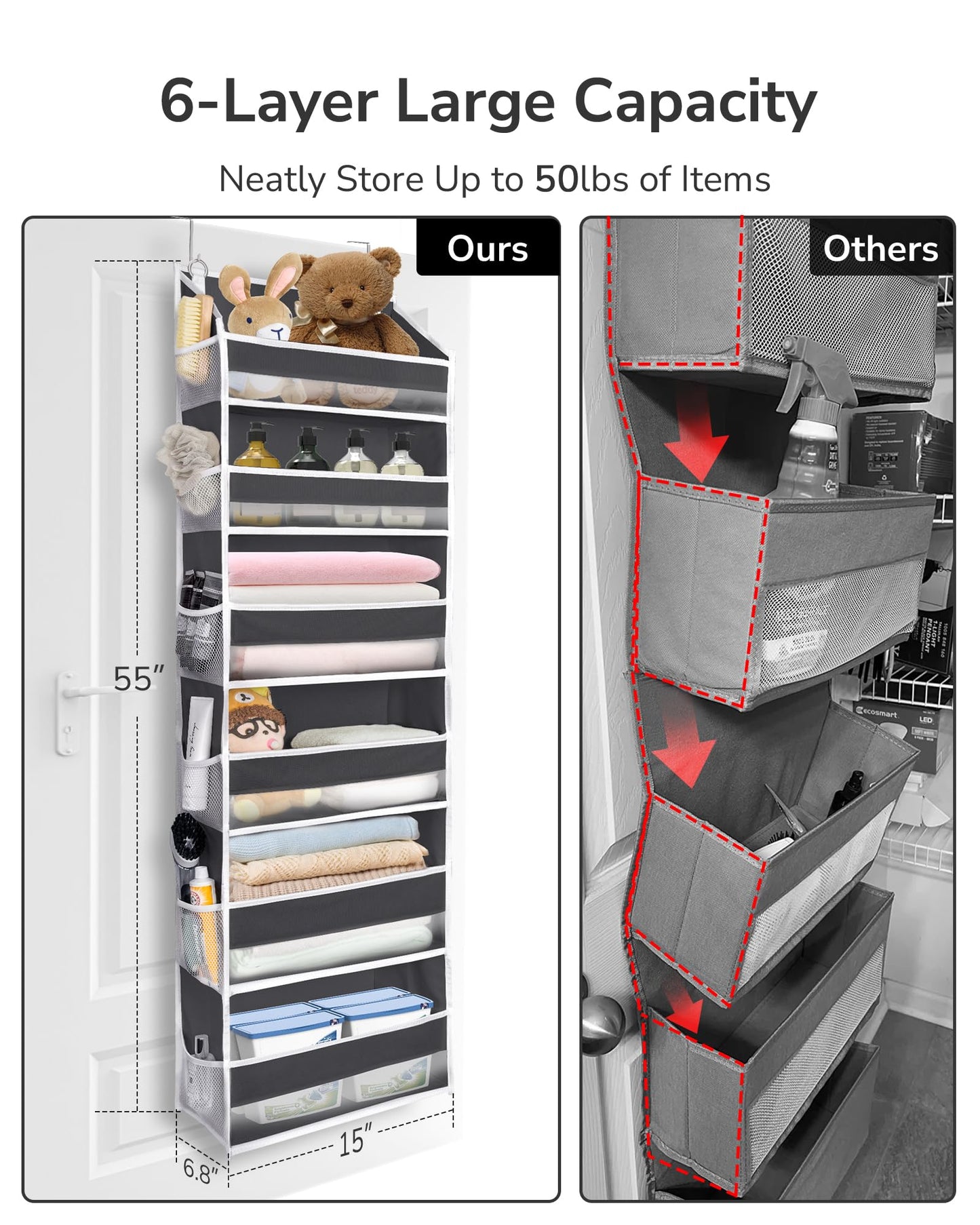 ULG Over The Door Organizer with 6 Large Pockets 12 Side Pockets, 50lbs Weight Capacity Door Hanging Organizer for Bedroom, Bathroom, Pantry, Nursery Storage, Beige