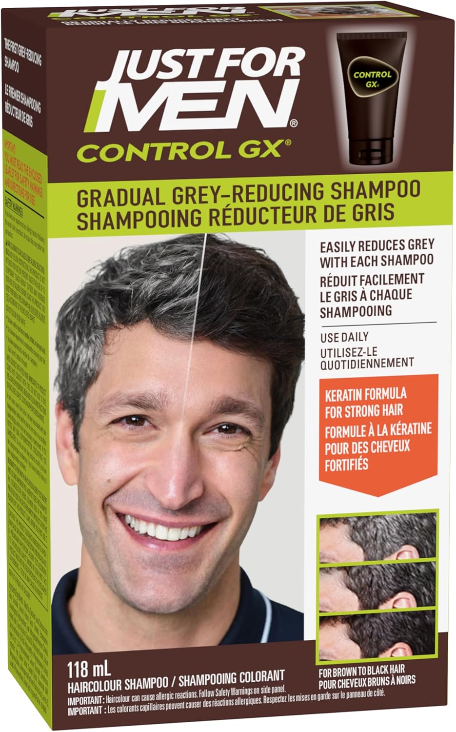 Just For Men Control GX Grey Reducing Shampoo, Gradual Hair Color for Men, Stronger and Healthier Hair, 118ml - Pack of 1, Packaging May Vary
