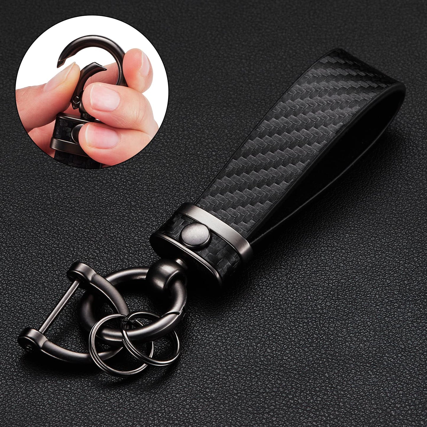 DEKEWEI Carbon Fiber Style Auto-Schlüsselanhänger aus Mikrofaser-Leder, universelle Schlüsselanhänger für Schlüssel-Fobs für Männer und Frauen, 360 Grad drehbar mit Anti-Verlust-D-Ring (Schwarz)