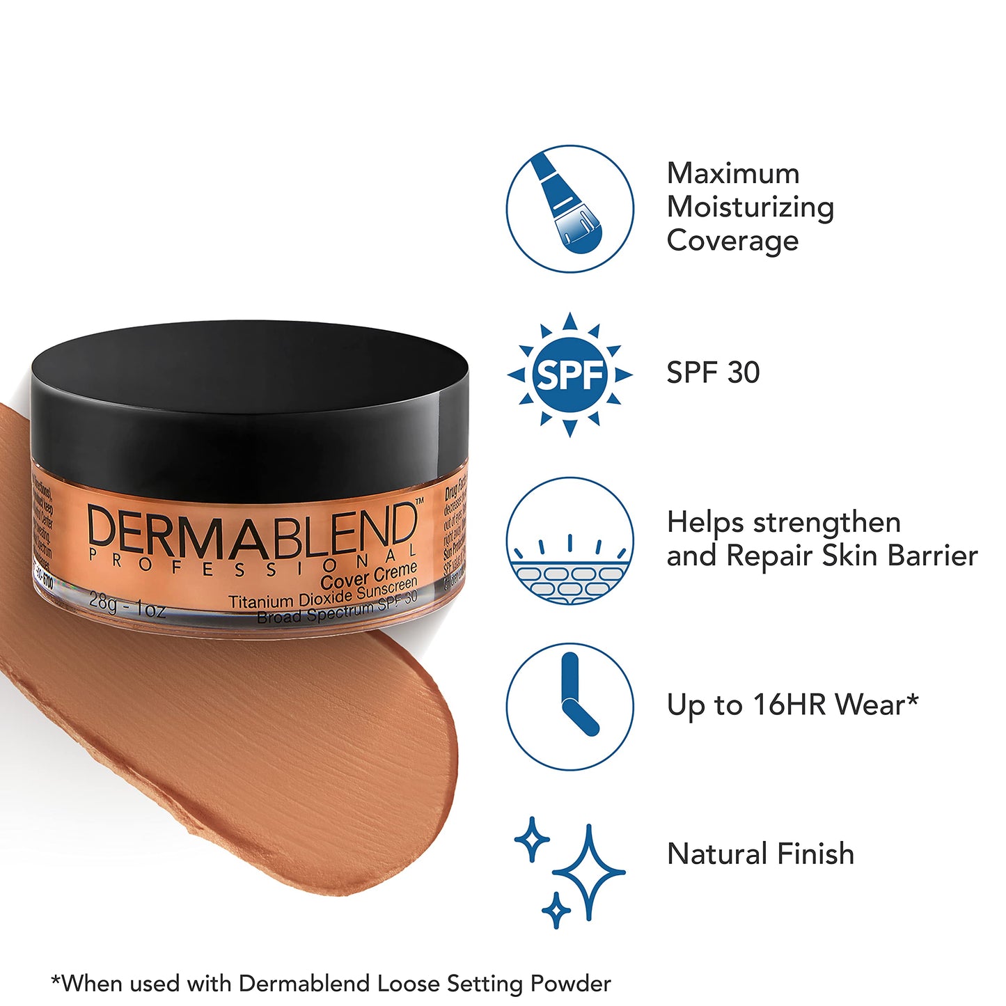 Dermablend Cover Crème Full Coverage Foundation Makeup, Hydrating Cream Concealer for Dark Circles and Blemishes, Maximum Coverage with Mineral Sunscreen SPF 30, 1 OZ