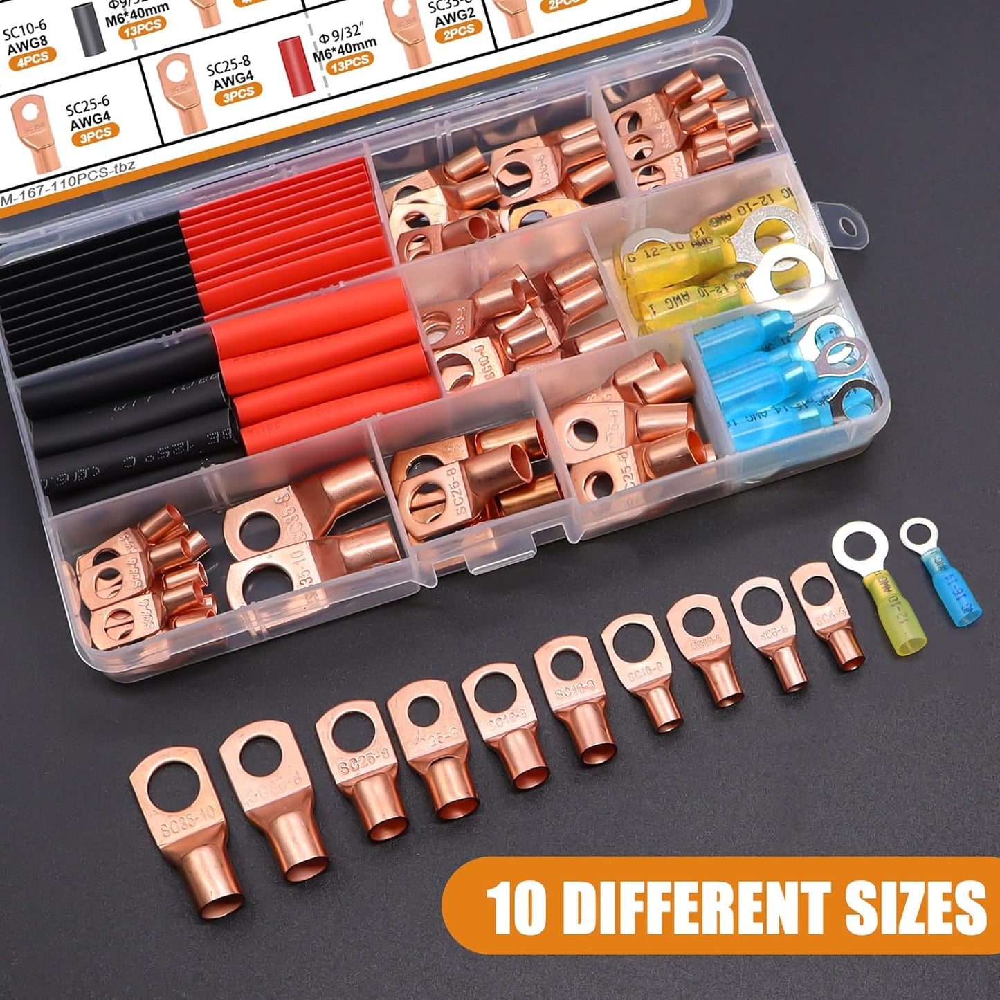 mankk 110tlg. Kupfer-Kabelschuhe AWG 2 4 6 8 10 12 14 16 Gauge Batterieklemmenverbinder Batteriekabel-Endverbinder Kupferringkabelschuh-Kit mit Schrumpfschlauch M-N-067-110PCS-tbz