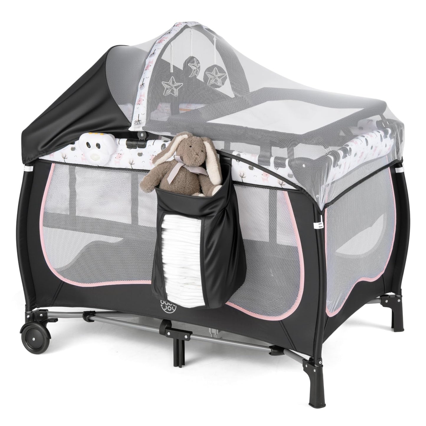 BABY JOY 4 in 1 Pack and Play with Canopy, Portable Baby Playard with Bassinet, Double-Layer Baby Crib, Wheels & Brake, Foldable Baby Girl Pink Bassinet from Newborn to Toddler