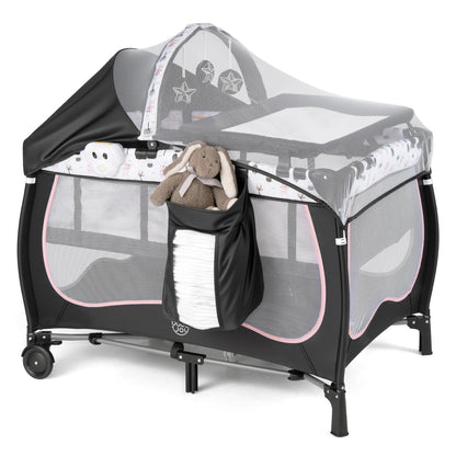 BABY JOY 4 in 1 Pack and Play with Canopy, Portable Baby Playard with Bassinet, Double-Layer Baby Crib, Wheels & Brake, Foldable Baby Girl Pink Bassinet from Newborn to Toddler