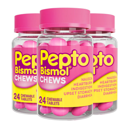 Pepto Bismol Chews, Upset Stomach, Nausea, Heartburn, Indigestion Relief, Anti Diarrhea Medication for Adults - 5 Symptom Fast Relief, 72 Chewable Tablets 24 Count (Pack of 12)