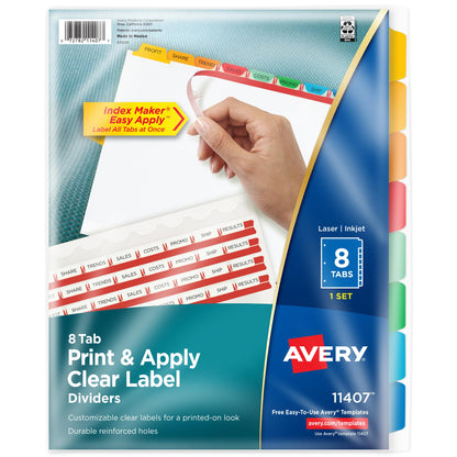 Avery 8 Tab Dividers for 3 Ring Binder, Easy Print & Apply Clear Label Strip, Index Maker Customizable Multicolor Tabs, 25 Sets (11424)