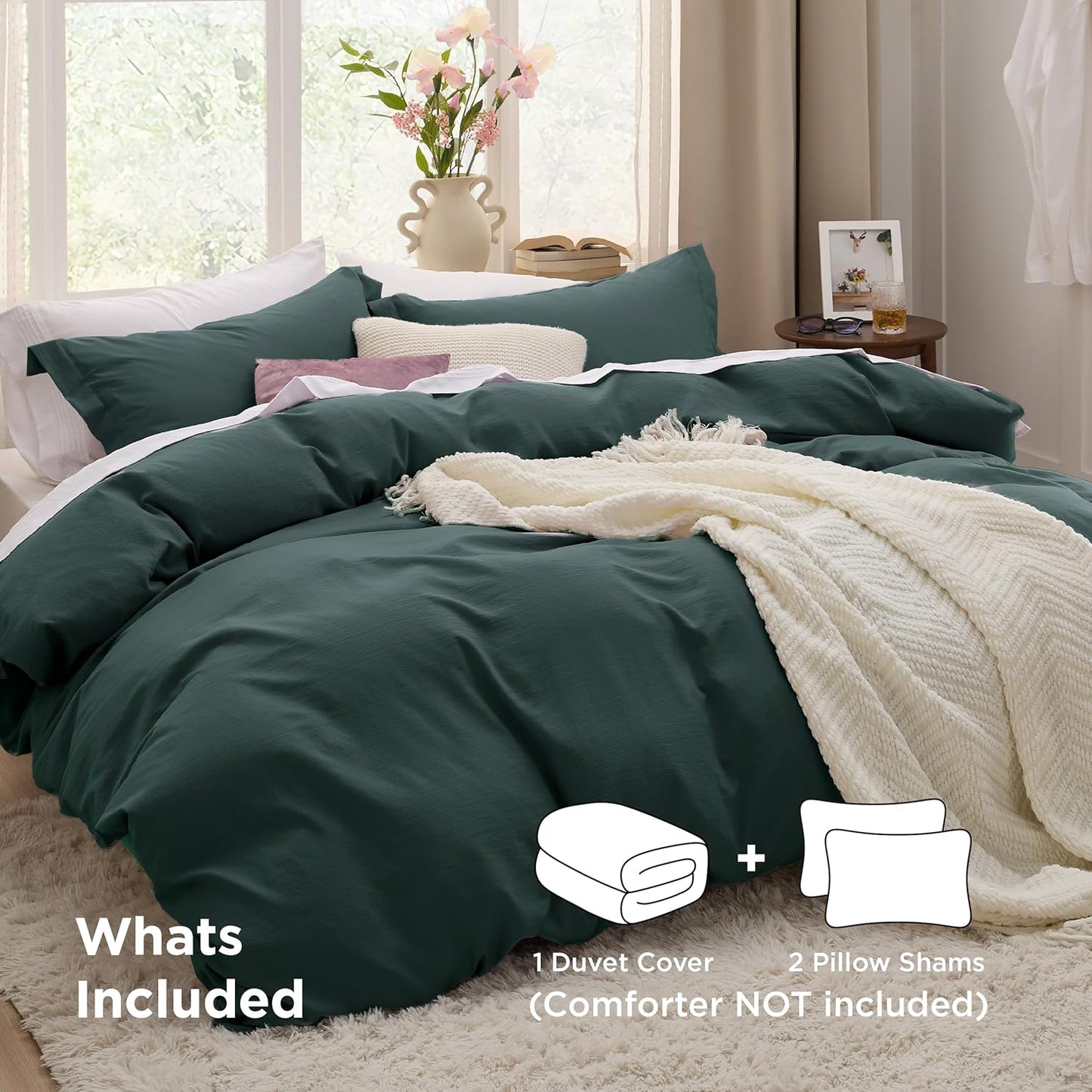 Funda nórdica blanca Bedsure, tamaño Queen, 3 piezas, aspecto de algodón prelavado, juego de cama extrasuave, incluye 1 funda nórdica de 228 x 228 cm con cierre de cremallera y 2 fundas de almohada, edredón no incluido