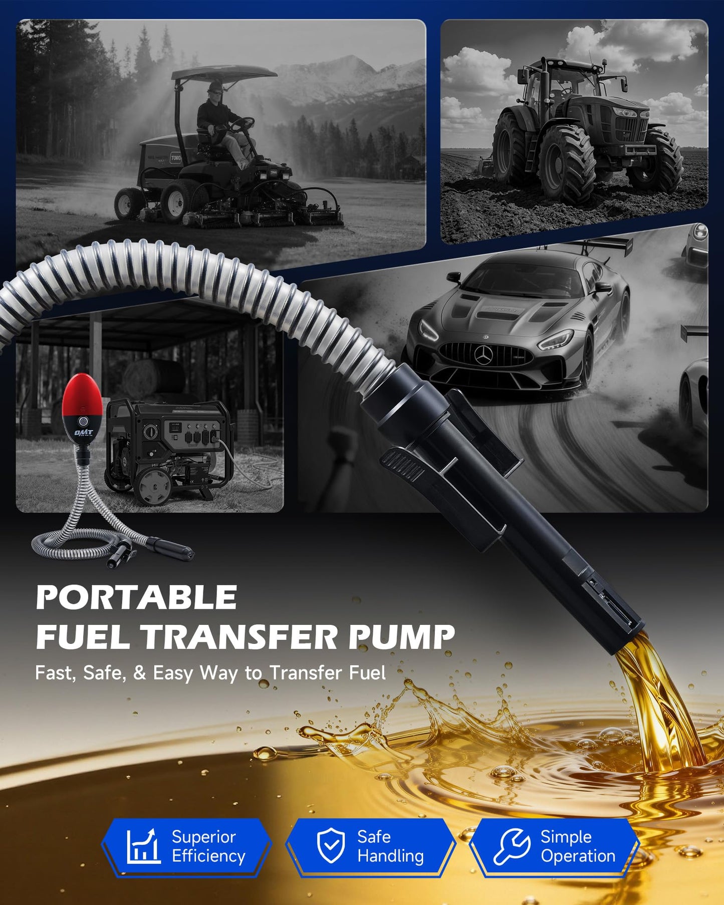 Orion Motor Tech Electric Fuel Transfer Pump with Auto-Shutoff, 3.2GPM Gas Can Pump, 51" Hose, USB-C & AA Battery (NO BATTERIES INCLUDED) Powered, 4 Adapters for Gasoline, Diesel, Kerosene, Blue