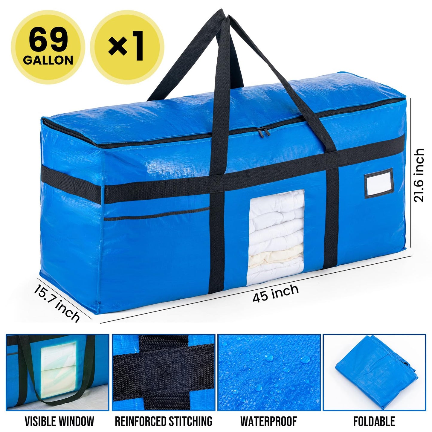 TAILI 69 Gallon Extra Large Storage Bags, XXL Blue Heavy Duty Moving Bags For Storage with Visible Window, Wrap Around Handles, Totes for Space Saving, Alternative to Moving Boxes (2 Pack)
