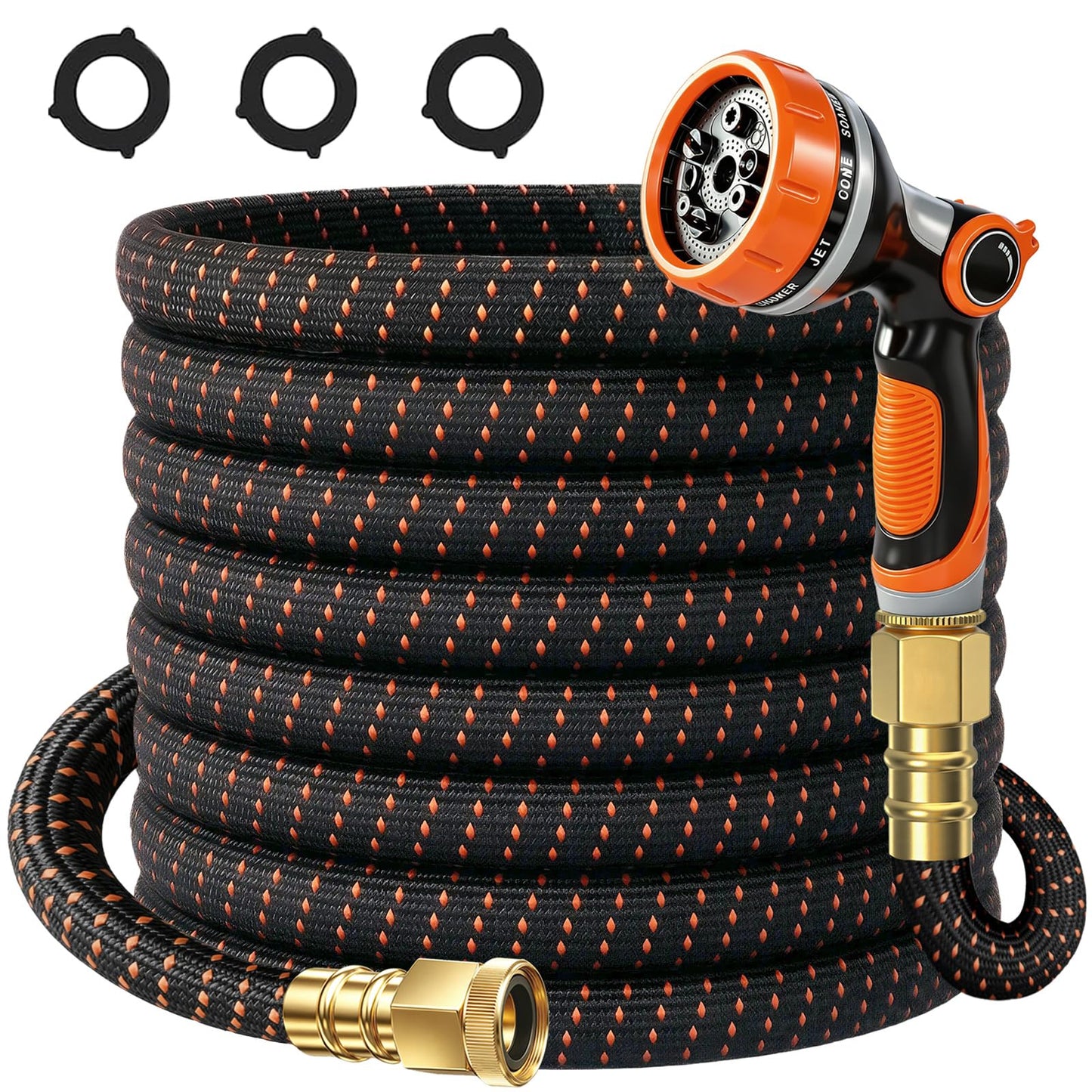 50FT Flexible Garden Hose & 10Modes Nozzle,None Expanding Lightweight Water Hose,Kink-Free,All-Weather 3/4 in. Hose for RV,Boat,Car Wash,Garden,Yard,Camper,Outdoor (Orange-Black, 50 Feet)