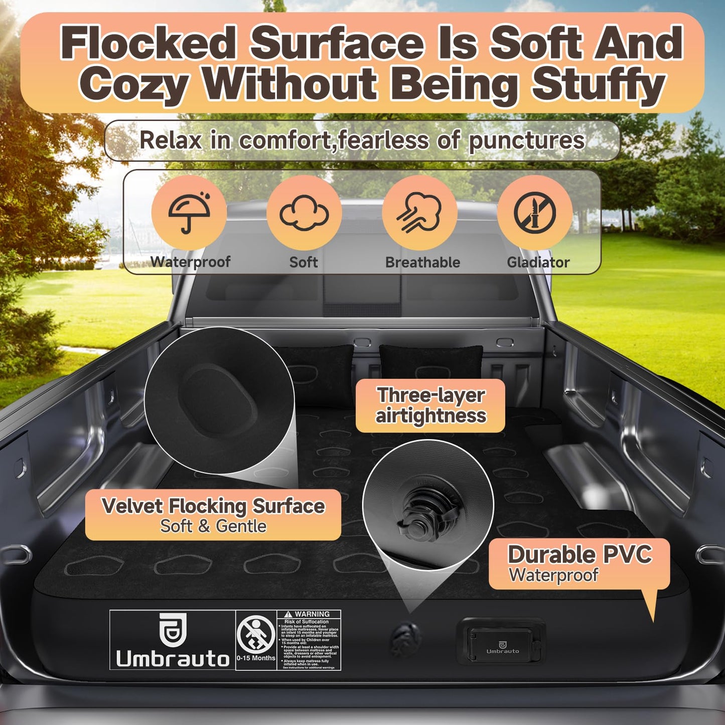 Umbrauto Car Air Mattress Backseat| Inflatable Truck Back Seat Camping Airbed for SUV Rear Seat, Blow Up Sleeping Travel Bed for Van Trunk with Pump & Pillows