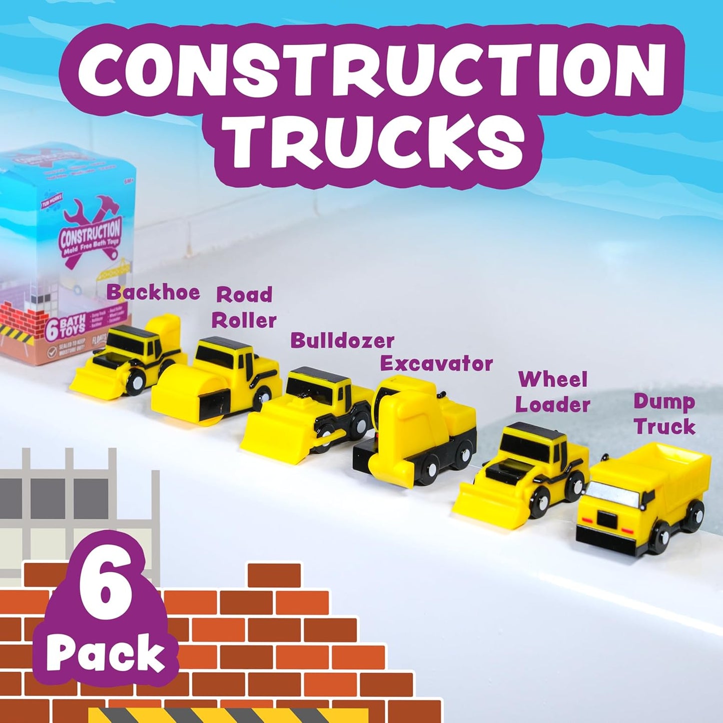 Tub Works® Construction™ Trucks Schimmelfreies Badespielzeug, 6er-Pack | Versiegeltes Design ohne Löcher hält Feuchtigkeit fern | Weich, quetschbar und schwimmt auf dem Wasser | Baby- und Kleinkind-Badespielzeug | Kinderauto-Spielzeug