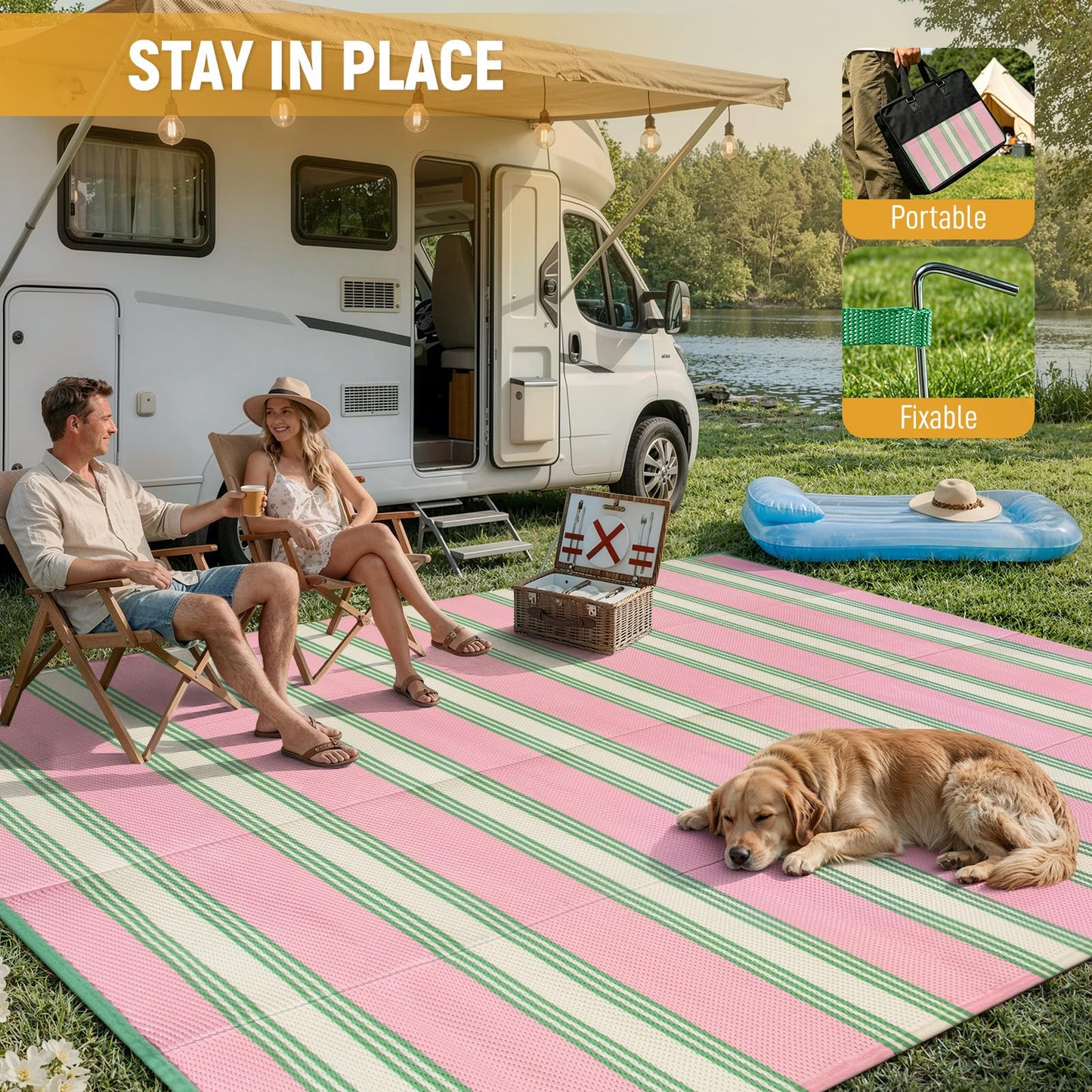 Lahome Outdoor Rugs 8x10 Waterproof, Reversible Outdoor Plastic Straw Rug for Camping Patio, RV Outdoor Rugs Outside, Outdoor Carpet for Porch Deck Backyard Picnic(Blue/Yellow,8'x 10')