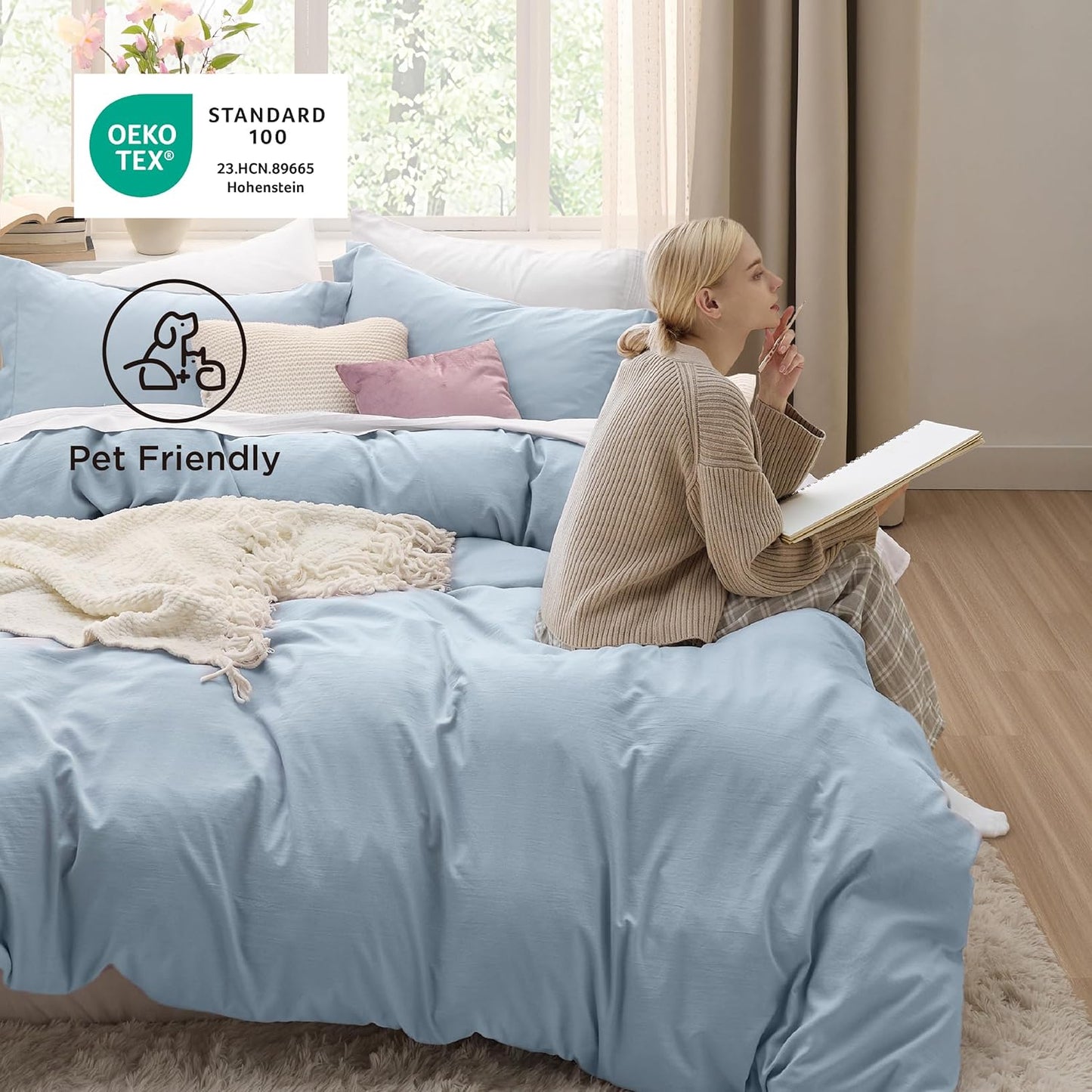 Funda nórdica blanca Bedsure, tamaño Queen, 3 piezas, aspecto de algodón prelavado, juego de cama extrasuave, incluye 1 funda nórdica de 228 x 228 cm con cierre de cremallera y 2 fundas de almohada, edredón no incluido