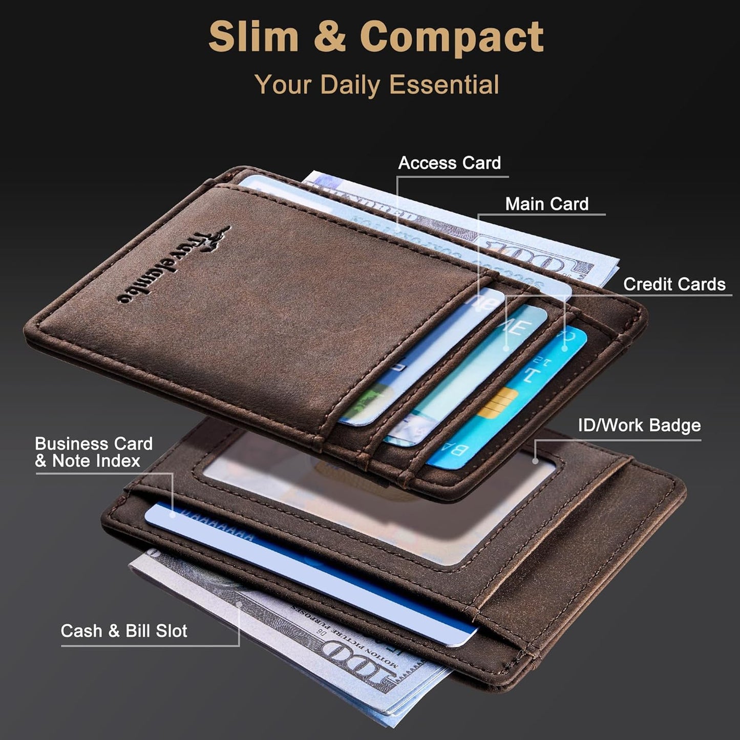 Travelambo Slim Wallet, Fronttasche, minimalistisch, Leder, RFID-blockierend, mittelgroß