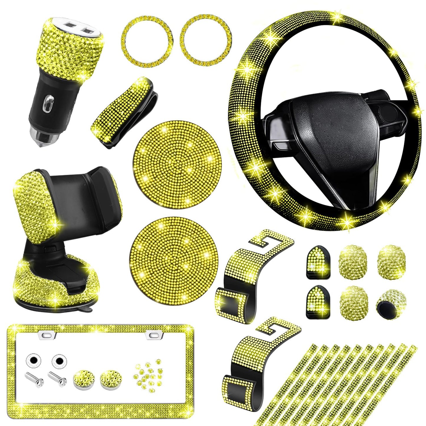 NBTEPEM 27-Piece Bling Car Accessories Set - Universal Fit Steering Wheel Covers, License Plate Frames, Phone Holder, Car Fast Charger, Coasters (Pink)
