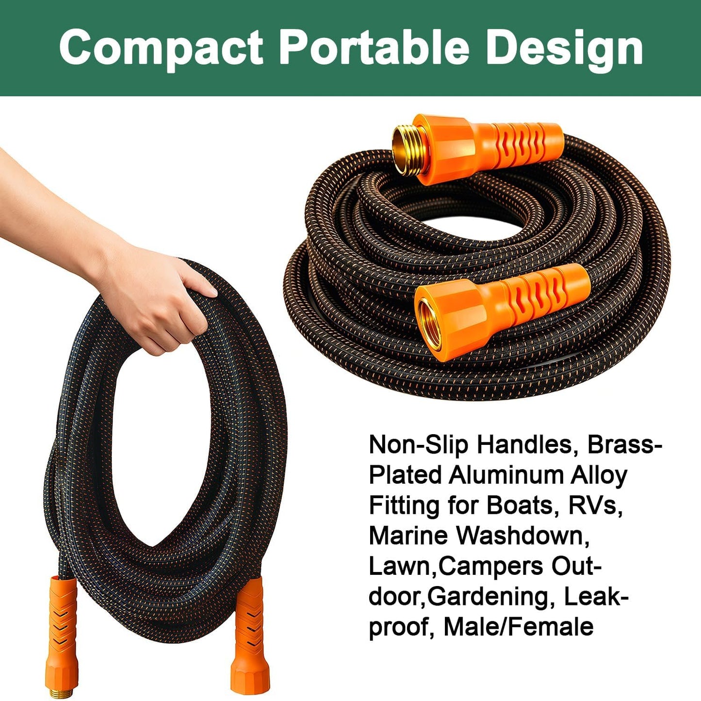50FT Flexible Garden Hose & 10Modes Nozzle,None Expanding Lightweight Water Hose,Kink-Free,All-Weather 3/4 in. Hose for RV,Boat,Car Wash,Garden,Yard,Camper,Outdoor (Orange-Black, 50 Feet)