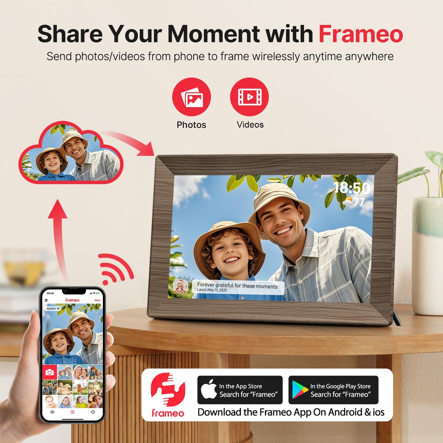 Frameo 10.1 Inch WiFi Digital Picture Frame, Smart Cloud Electronic Photo Frame with HD IPS Touch Screen Slideshow 32GB Memory Auto-Rotate Wall Mount, Share Photos/Videos from Phone - Gifts for Mom