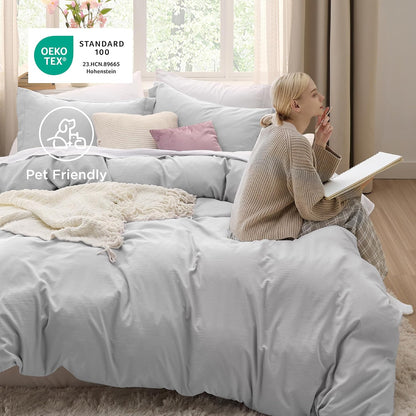 Funda nórdica blanca Bedsure, tamaño Queen, 3 piezas, aspecto de algodón prelavado, juego de cama extrasuave, incluye 1 funda nórdica de 228 x 228 cm con cierre de cremallera y 2 fundas de almohada, edredón no incluido