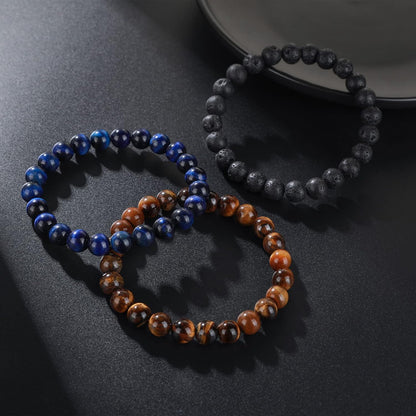 Tigerauge Armband für Herren 8MM Natursteinperlen Armband Set Stretch Lava Stein Armbänder Verstellbares Schwarzes Kristallperlenarmband für Herren Damen Geschenke