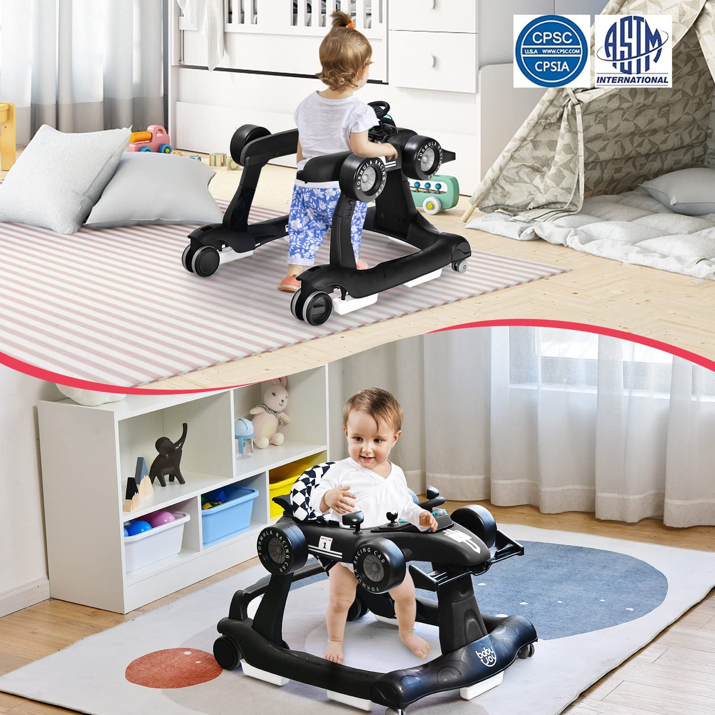 BABY JOY 4-in-1 Baby Walker, Foldable Activity Walker with Adjustable Height & Speed, Music, Lights, Anti-Rollover, Toddler Push Walker, Baby Walker with Wheels for Boys Girls 6-18 Months (Pink)